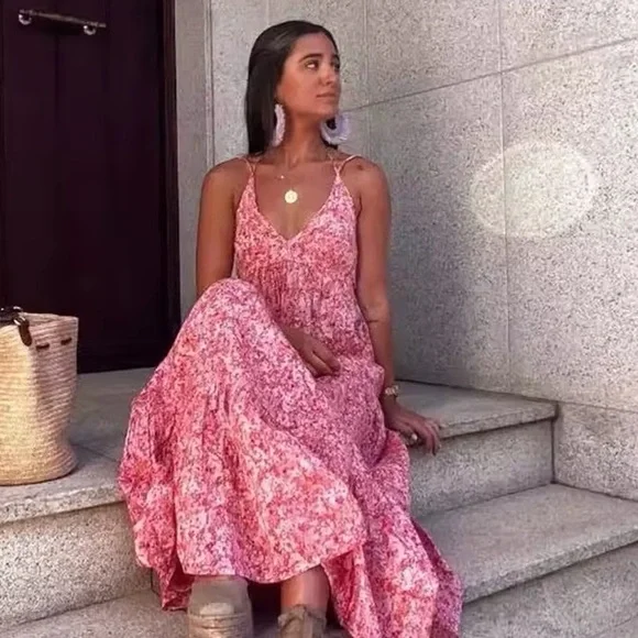 ZARA WOMENS FLORAL SUMMER V NECK BACKLESS DRESS IN PINK SIZE: LARGE 100% COTTON - Picture 3 of 13